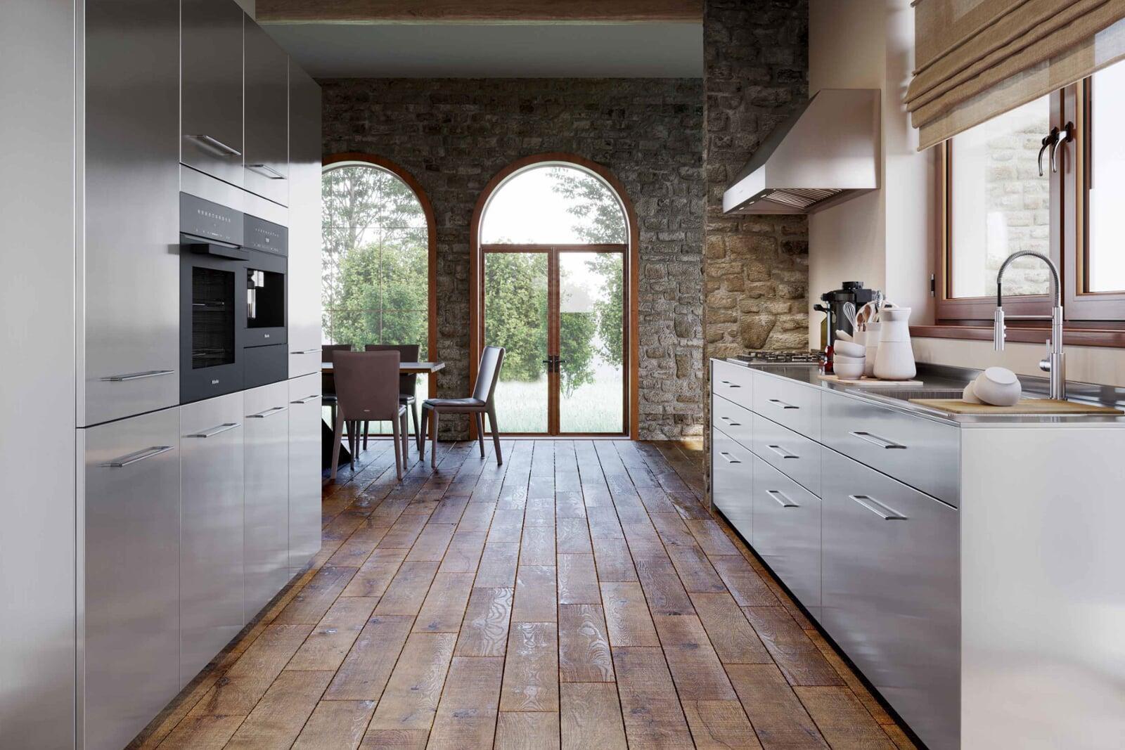 cucina inox isola e parete