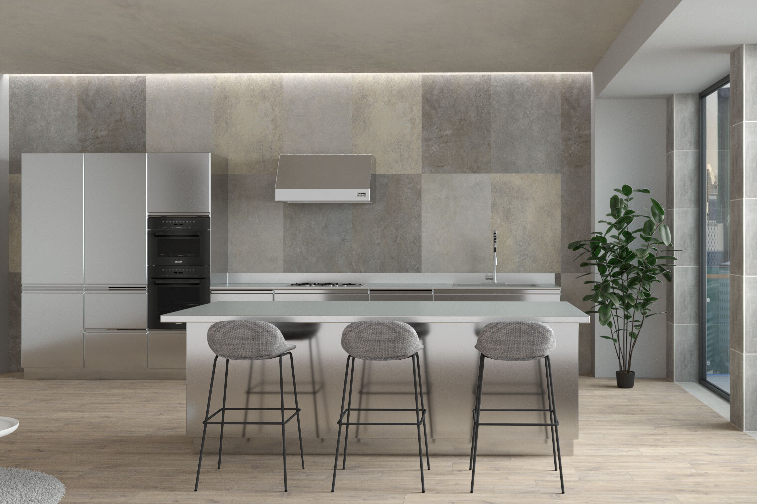 cucina inox parete isola